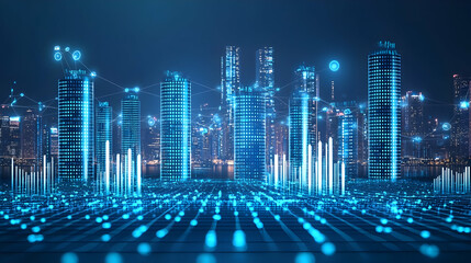 Smart city skyline at night, data flow