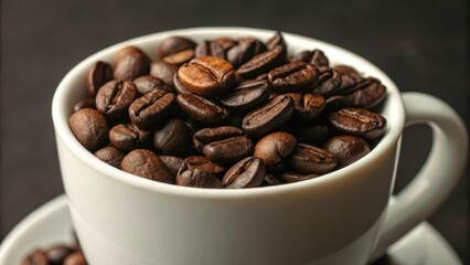 Naklejka premium A close-up view of a white cup brimming with aromatic, dark roasted coffee beans, ready for brewing.