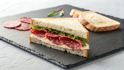 A delectable salami and lettuce sandwich on artisan bread, served on a dark slate plate with extra slices of salami