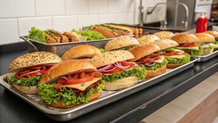 A delectable display of freshly prepared gourmet burgers, layered with crisp lettuce, ripe tomatoes, and red onions, ready to be served.