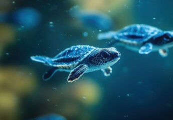 Adorable Baby Sea Turtles Swimming Gracefully in a Clear Blue Ocean, Surrounded by Bubbles and Vibrant Marine Life
