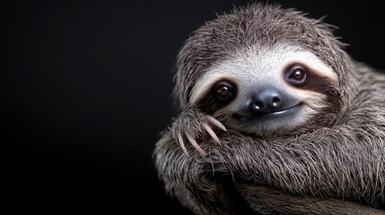 Fototapeta premium Cute sloth portrait against black background, rainforest habitat. Ideal for wildlife, nature documentaries