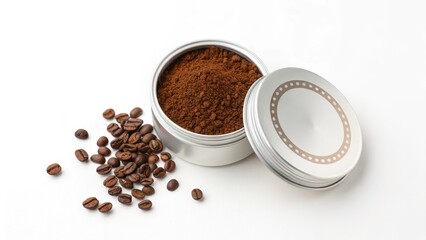 Ground coffee in a metal container with coffee beans scattered nearby.