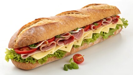A long sub sandwich filled with savory ham, sliced cheese, crisp lettuce, and ripe tomato slices on a crusty baguette