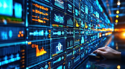A close-up of hands on a computer mouse, trading energy stocks on a digital platform, with power plants and renewable energy icons displayed on the screen