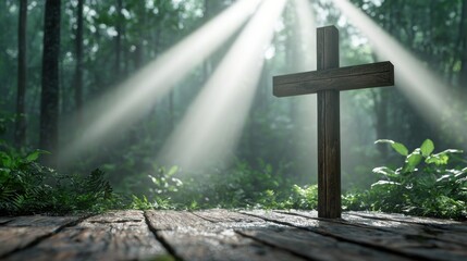 Fototapeta premium Wooden Cross in Sunlit Forest