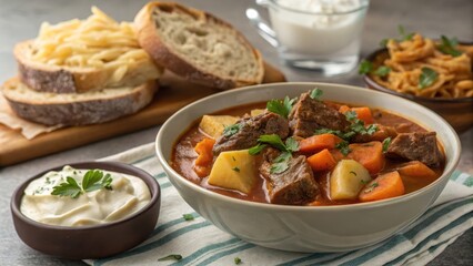 Hearty Beef Stew with Root Vegetables and Creamy Garnish, Served with Crusty Bread