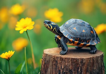Obraz premium Adorable turtle on a wooden stump surrounded by vibrant yellow flowers in a lush green garden setting during bright sunny day