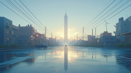 Naklejka premium A digital cityscape with power lines, solar panels, and wind turbines, illustrating the importance of energy infrastructure in supporting global energy stocks and power production