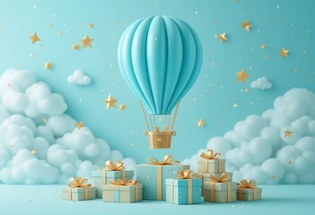 A teal hot air balloon floats above gifts in a dreamy sky