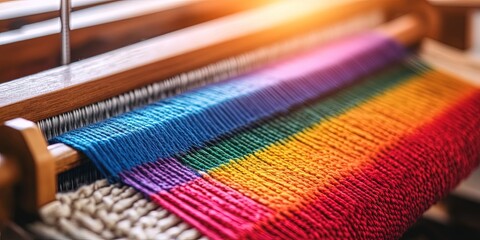 industrial loom weaving colorful rainbow spectrum of threads