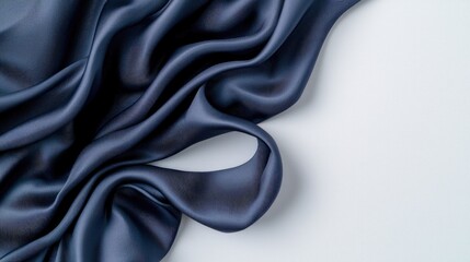 Fototapeta premium Elegant dark blue satin fabric draped gracefully on a clean white background in studio lighting.