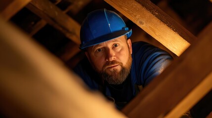 Worker inspecting attic beams; home repair; safety helmet