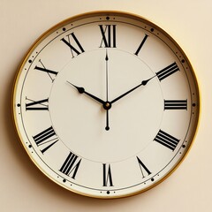 Classic round wall clock with Roman numerals, gold frame, and beige face showing the time. (1)