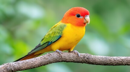 Fototapeta premium A colorful lovebird with a red head and yellow chest perches on a tree branch in a lush green forest during the day.