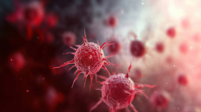 A close-up image of red blood cells and viruses, illustrating a microscopic view of the human body and immune response.