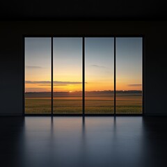 Sunrise view from large window in empty room.