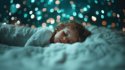 A peaceful child sleeping in bed, with soft Christmas lights glowing in the background, creating a warm and cozy atmosphere.