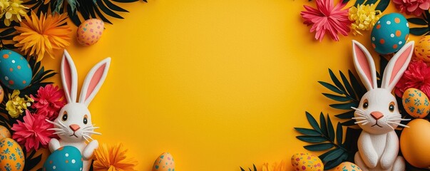 Naklejka premium A festive Easter scene featuring charming rabbits, vibrant flowers, and colorful eggs on a bright yellow background.