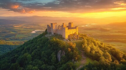Ancient Castle Ruins Aerial View at Sunset Romantic Landscape