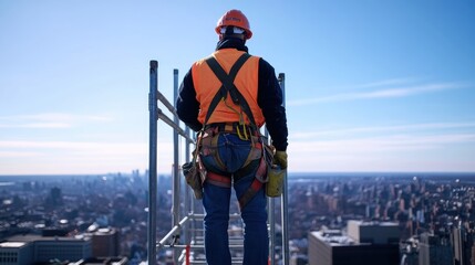 Worker on skyscraper scaffolding overlooking cityscape