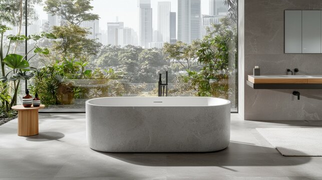 A high-end bathroom with a freestanding bathtub and a pristine, sanitized environment, demonstrating the perfect balance of luxury and cleanliness for a relaxing experience