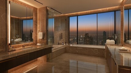 A gleaming luxury bathroom with fresh towels, sparkling surfaces, and a sanitized ambiance, showing how attention to cleanliness enhances the luxurious feel of the room