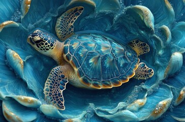Obraz premium Beautiful Sea Turtle Swimming Among Vibrant Blue Ocean Flowers, Nature's Underwater World Filled with Colorful Marine Life and Coral Reefs