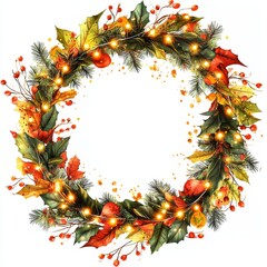 Vibrant Autumn Wreath with Colorful Leaves and Twinkling Lights for Festive Decoration
