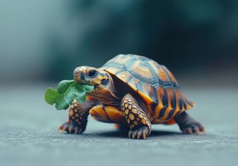 Fototapeta premium Brightly Colored Turtle with Leaf in Mouth Crawling on a Concrete Surface in a Natural Outdoor Setting