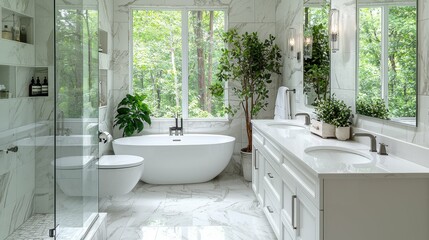 Fototapeta premium A high-end bathroom in a luxurious home, featuring designer tiles, a double vanity, and a stunning view, offering a sense of indulgence and comfort