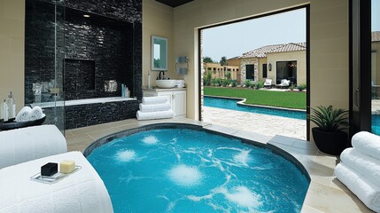 Obraz premium A lavish bathroom in a luxury home, complete with a glass-enclosed shower, heated floors, and plush towels, emphasizing elegance and superior home living