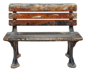 Weathered park bench in a public space isolated on transparent background