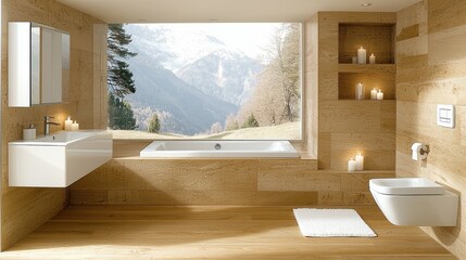 A modern, luxurious bathroom with a spa-like vibe, featuring a soaking tub with candles and a view, representing a blend of relaxation and high-end home design
