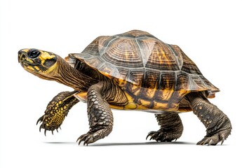 Fototapeta premium Captivating Portrait of a Colorful Turtle on a Clean White Background Showcasing Its Unique Shell Patterns and Textures in Natural Stance