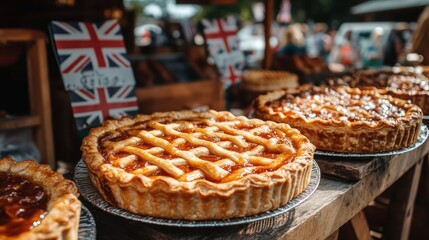 Delicious apple pies at a British market.