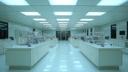A high-tech biotech laboratory featuring automated machines and sterile workstations, illustrating the cutting-edge production of synthetic biological materials in a controlled environment