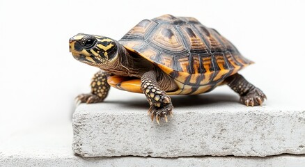 Naklejka premium Close-Up Image of a Colorful Tortoise on Concrete Against a Plain Background, Showcasing Shell Patterns and Unique Features of the Reptile