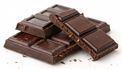 Close-Up of Dark Chocolate Bars with Broken Pieces on White Background