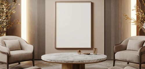 Blank frame in a modern living room with cozy armchairs and warm lighting.