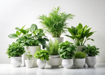 Fototapeta premium Minimalist Green Plants White Background Photography - Studio Shot, Botanical Still Life, Houseplants, Greenery
