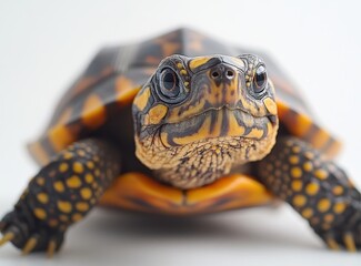 Obraz premium Close-Up of a Colorful Tortoise with Distinctive Patterns and Textures Captured Against a Soft White Background for Nature and Wildlife Themes