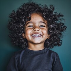 Happy Child  Curly Hair  Joyful Laugh  Portrait  Kid  Teal Background