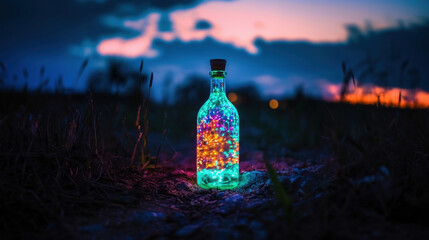 A glass bottle filled with colorful lights glows vibrantly, set against a stunning sunset and serene outdoor surroundings.
