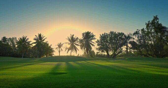 Golf course green field, flagstick, lake and palm trees landscape. Golfing on tropical island. Relax,leisure and Sport, Dominican Republic