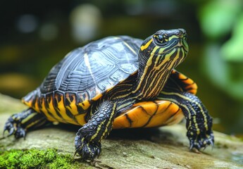 Obraz premium Close-Up of a Colorful Turtle Resting on a Log Surrounded by Lush Greenery in a Serene Natural Habitat