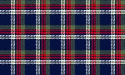 Seamless plaid pattern, navy blue, red, green and white, contrasting perfectly, creating a classic and modern feel, for textiles and clothing design. Vector illustration.
