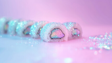 Rainbow sushi rolls coated with sparkling sugar, placed on a pastel-colored surface, adding a playful touch to this artistic and creative dish.