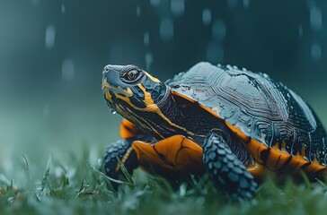 Obraz premium Close-Up of a Colorful Turtle with Raindrops on Its Shell Enjoying a Rainy Day in a Lush Green Environment