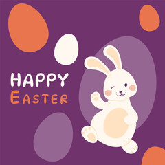 Happy Easter greeting card. Easter bunny waves his paw and smiles.